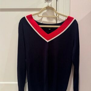 Banana Republic Navy V-Neck Sweater with Red and White Trim